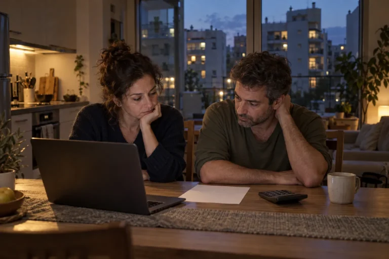 בני זוג יושבים בערב ליד שולחן המטבח מול מחשב נייד, מחשבון וניירת, ושוקלים את צעדיהם