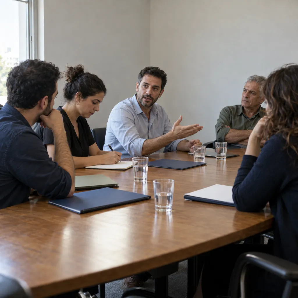 ישיבה סביב שולחן עץ ארוך בחדר ישיבות; אחד המשתתפים מדבר והאחרים מקשיבים ורושמים