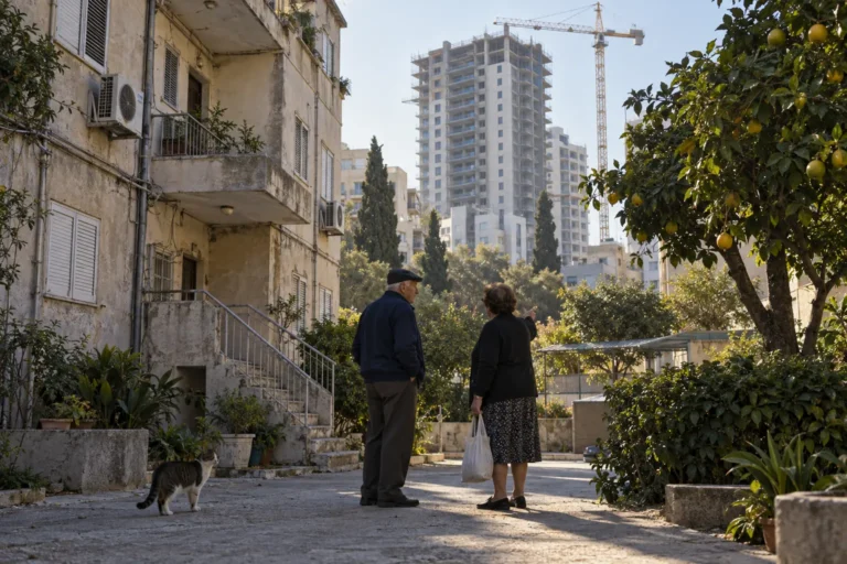 בניין מגורים ותיק בן שלוש קומות ומאחוריו מגדל מגורים חדש בבנייה ועגורן; שני דיירים ותיקים משוחחים בחצר