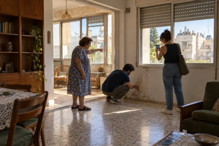 זוג צעיר בסיור בדירה ותיקה למכירה; בעלת הדירה מצביעה על המרפסת הסגורה, הקונה בודק כתם רטיבות ליד החלון