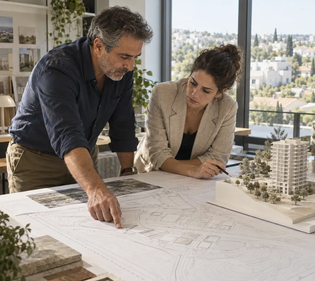 גבר ואישה רוכנים מעל תוכנית אתר גדולה במשרד מואר, ולצידם דגם לבן של מגדל מגורים